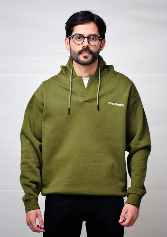 V Neck Hoodie (Olive)